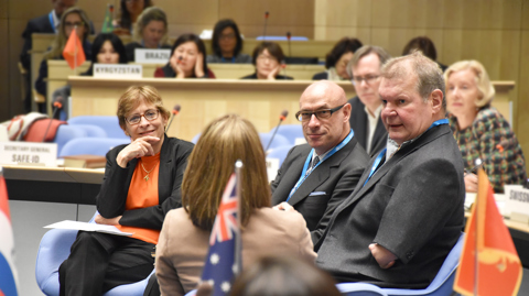 Two patient advocates at a panel discussion with Dr Mariângela Simão, Assistant Director-General, WHO, at the 50th anniversary of the WHO PIDM at WHO headquarters in Geneva, 2018. Photo: Alexandra Hoegberg/UMC